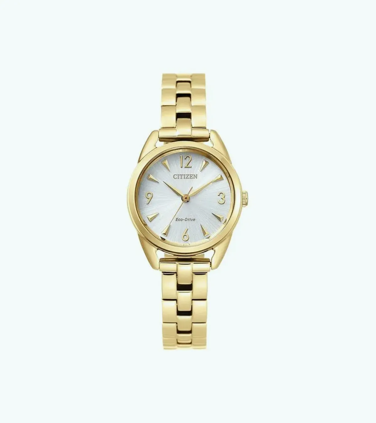 Gold Citizen Eco-Drive watch with a white dial and gold bracelet.