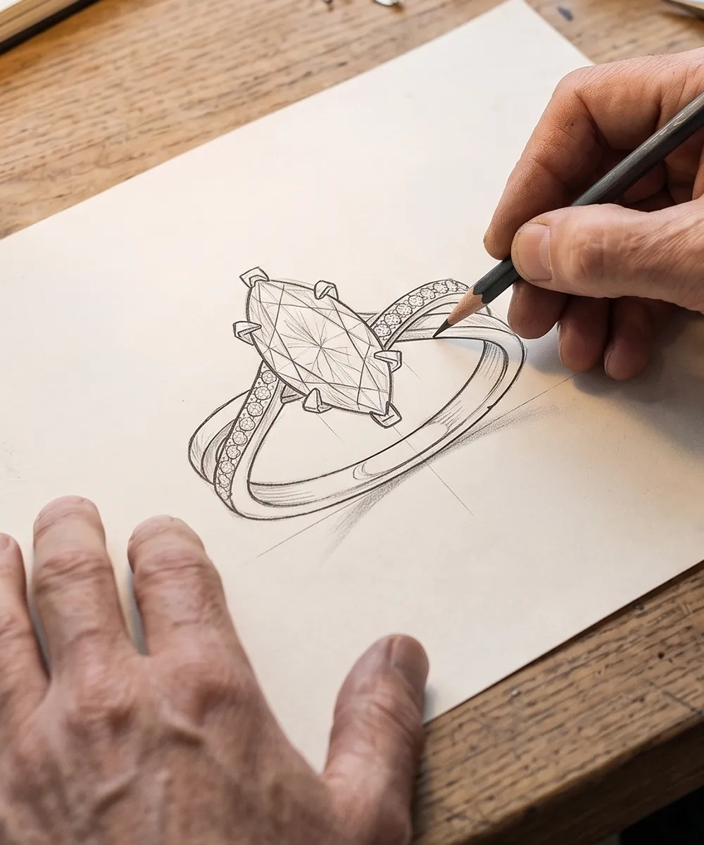 A hand sketching a detailed diamond ring design on paper.