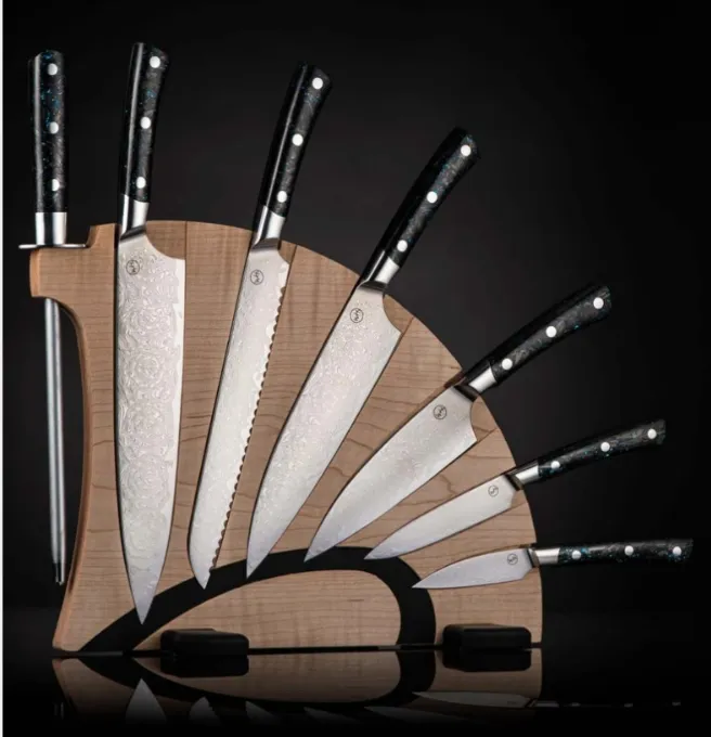 William Henry Knife Set The Kultro Pro Series is robust and rugged, built to commercial grade specs but worthy of the finest kitchens. The set includes six knives ranging from paring to 9.5” chefs, each finely crafted from forged stainless damascus steel. Segners Jewelers Fredericksburg, TX