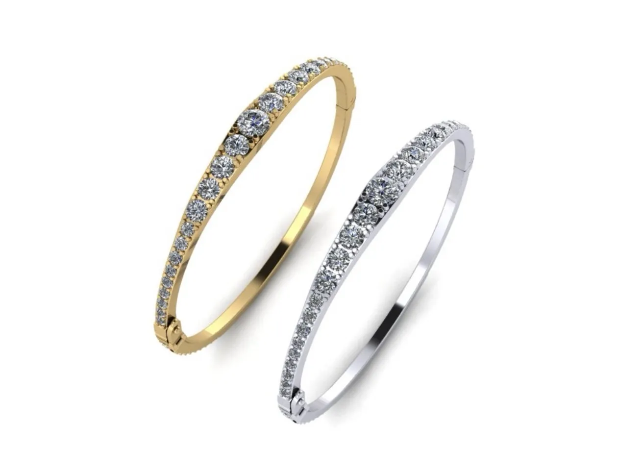 Two diamond-studded bangles, one gold and one silver, on a white background.