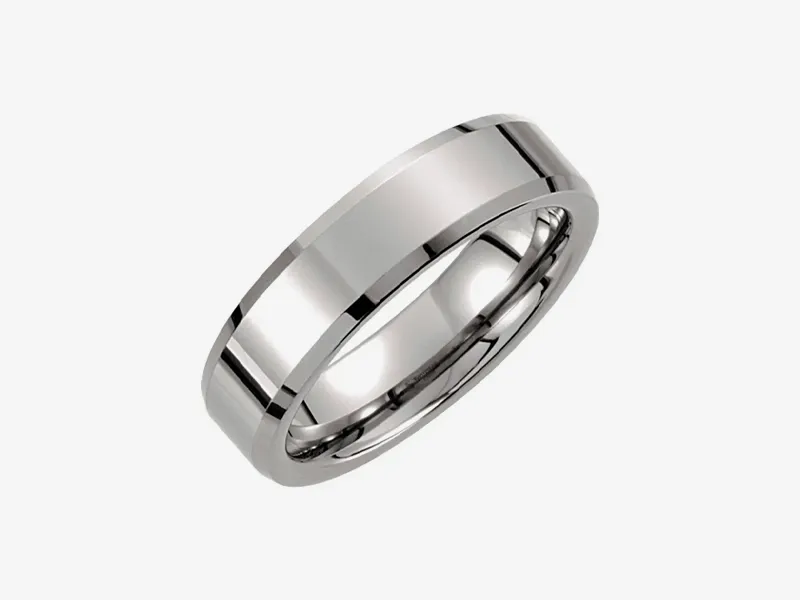 Silver men's wedding band with a polished finish on a white background.