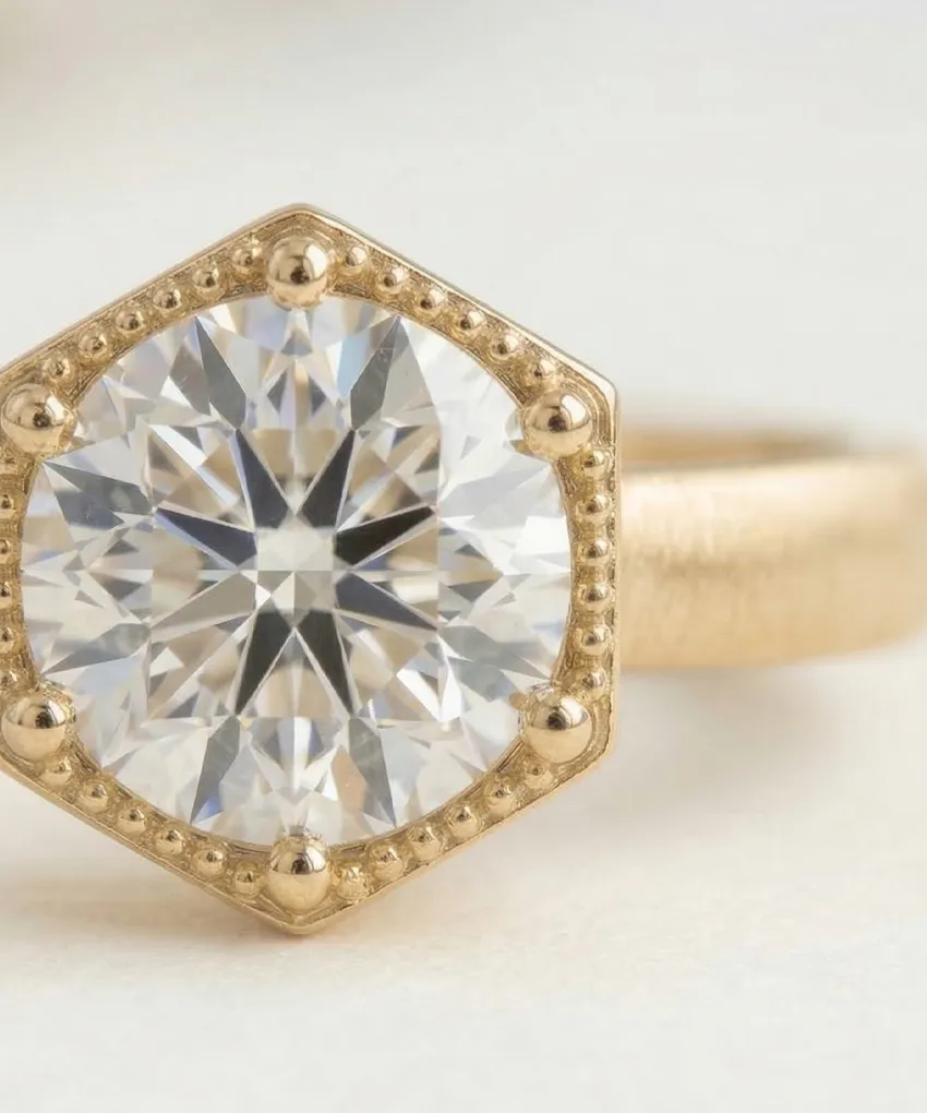 A hexagonal gold ring with a large, round diamond centerpiece.
