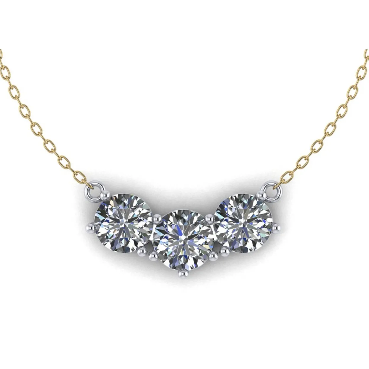 Three round diamonds set in a row on a gold chain necklace.