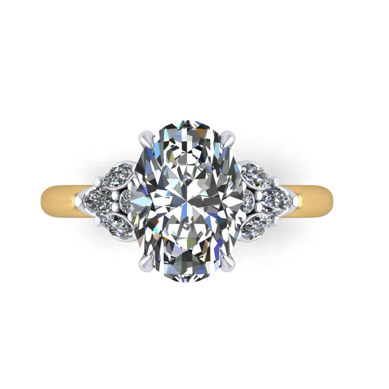 Oval diamond ring with side stones on a gold band.