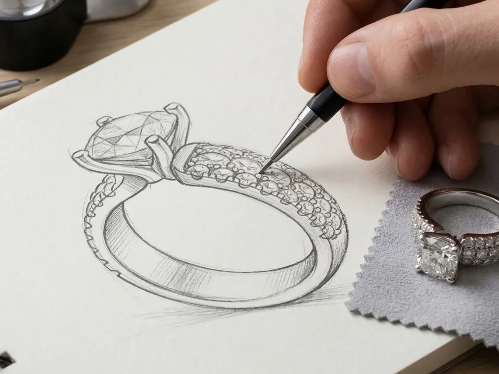 Hand sketching a diamond ring design with a finished ring nearby.