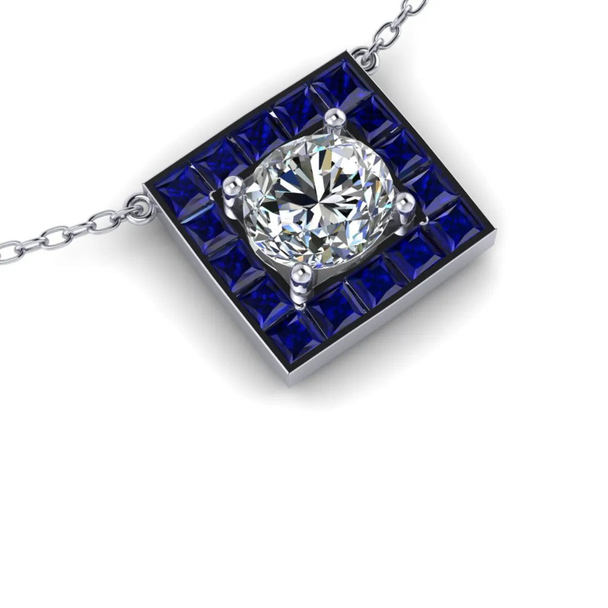 Square pendant with a central diamond surrounded by blue gemstones on a silver chain.