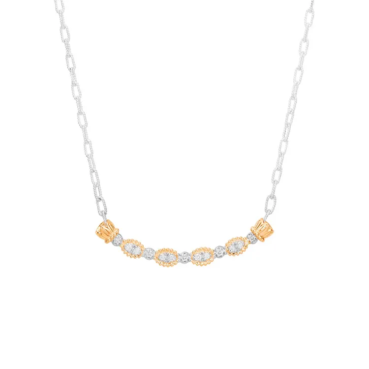 Elegant silver and gold necklace with sparkling diamonds, perfect for any occasion.