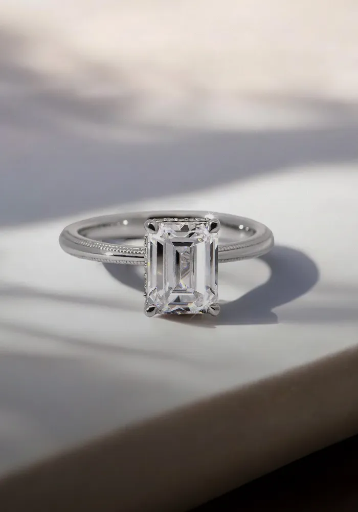 Stunning diamond engagement ring with a large center stone on a silver band.