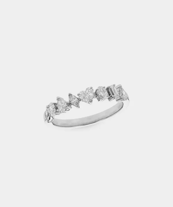 Elegant silver ring featuring a variety of diamond shapes, perfect for women's bands.