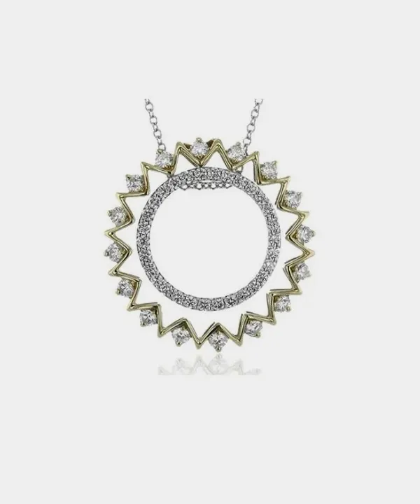 Stylish sunburst pendant necklace with diamonds and gold accents, perfect for any occasion.