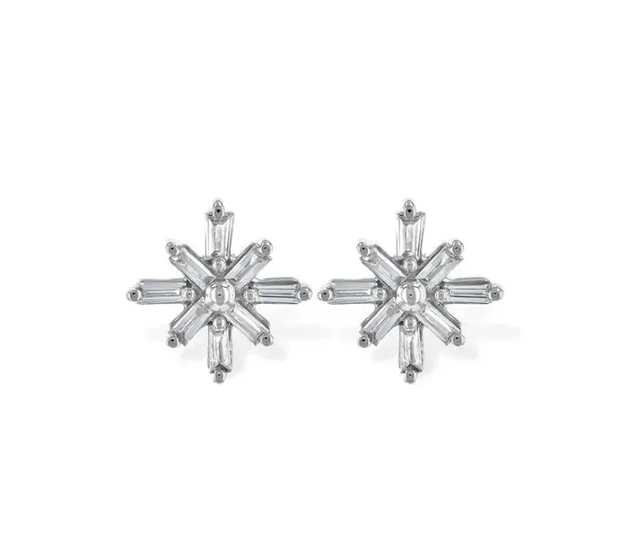 Sparkling silver star-shaped earrings with multiple facets, perfect for holiday gifting.