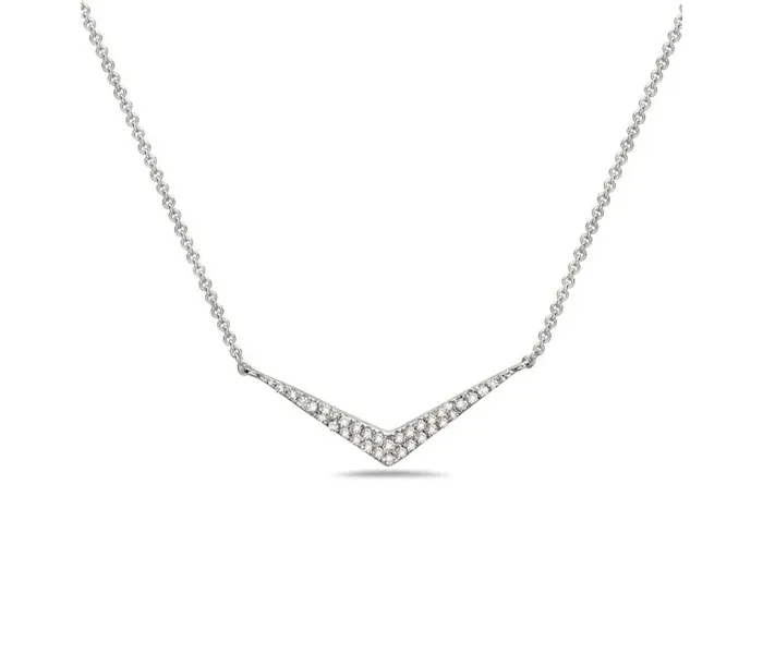 Silver V-shaped necklace with sparkling stones, perfect for elegant occasions.