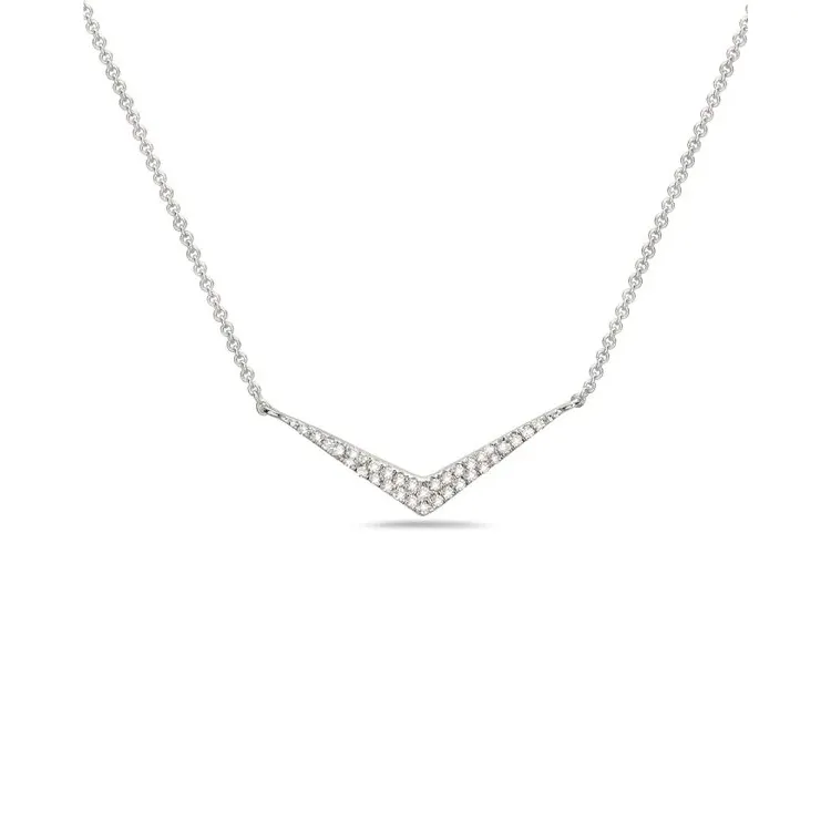 Silver v-shaped necklace with sparkling stones.