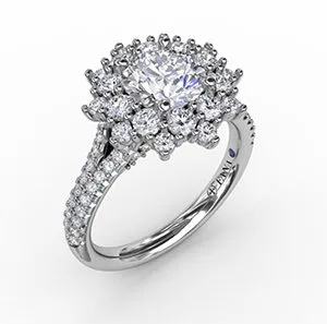 Floral Halo Engagement Ring With a Double Row Pavé Band