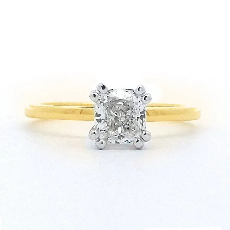 Custom 14 Karat Yellow Gold (with White Gold Split Prongs) Solitaire Engagement Ring with a 1 Ct Cushion Cut Diamond.