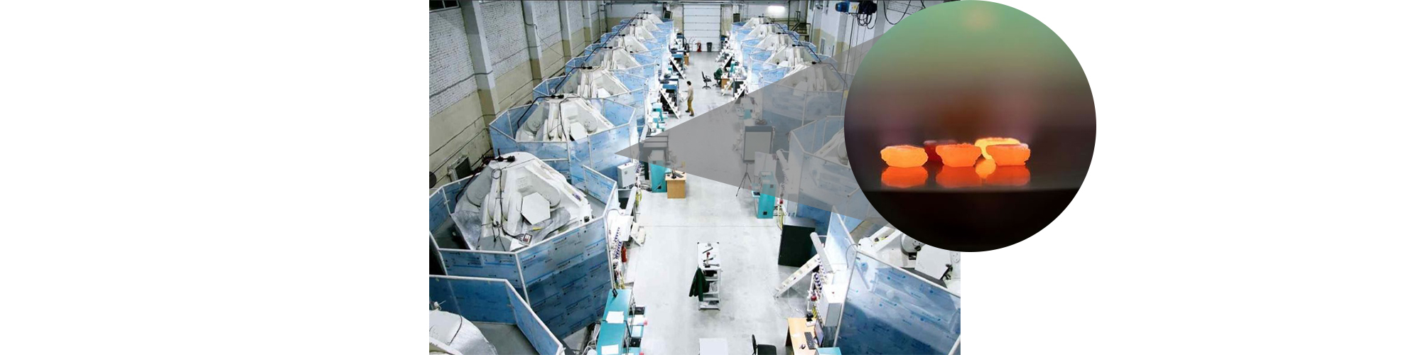 Image of laboratory where diamonds are grown and inset photo of diamonds under pressure and heat.