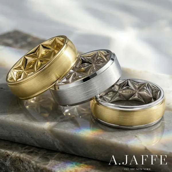A.JAFFE two-tone wedding bands with faceted yellow gold edges and contrasting white gold center — SVS Fine Jewelry, Long Islan