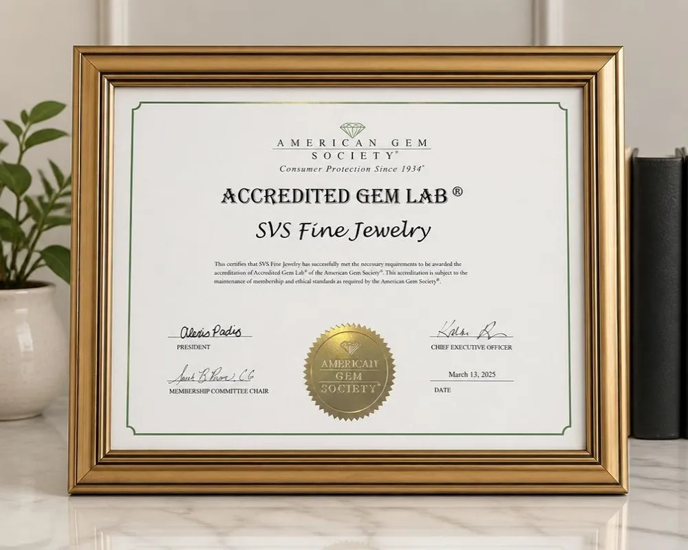 American Gem Society Accredited Gem Lab certificate issued to SVS Fine Jewelry, displayed in the Oceanside, NY showroom