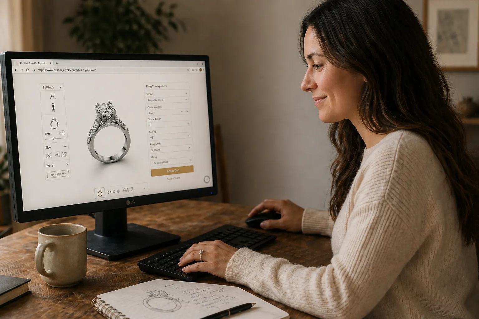 Woman designing a custom engagement ring online using a ring builder — SVS Fine Jewelry Forever Custom design service
