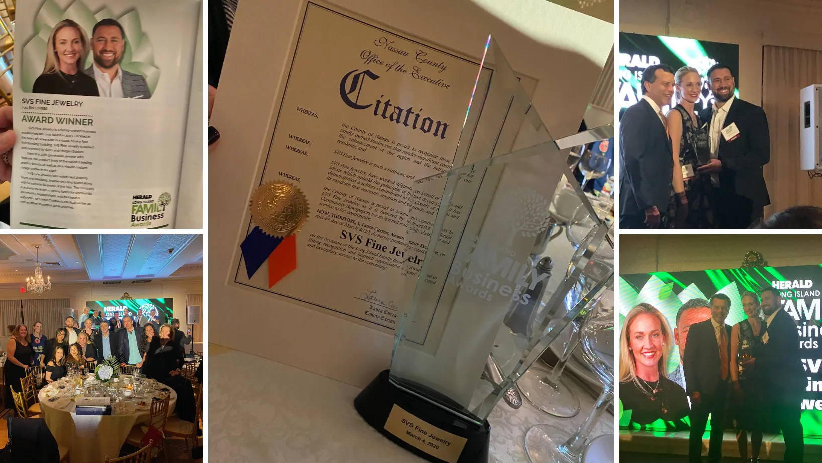 SVS Fine Jewelry honored at the inaugural Long Island Family Business Awards on March 4, 2020 at the Carltun in East Meadow &mdash; composite of the program page, the engraved award and Nassau County citation, Sami and Nicki Saatchi accepting, and the SVS team at the gala