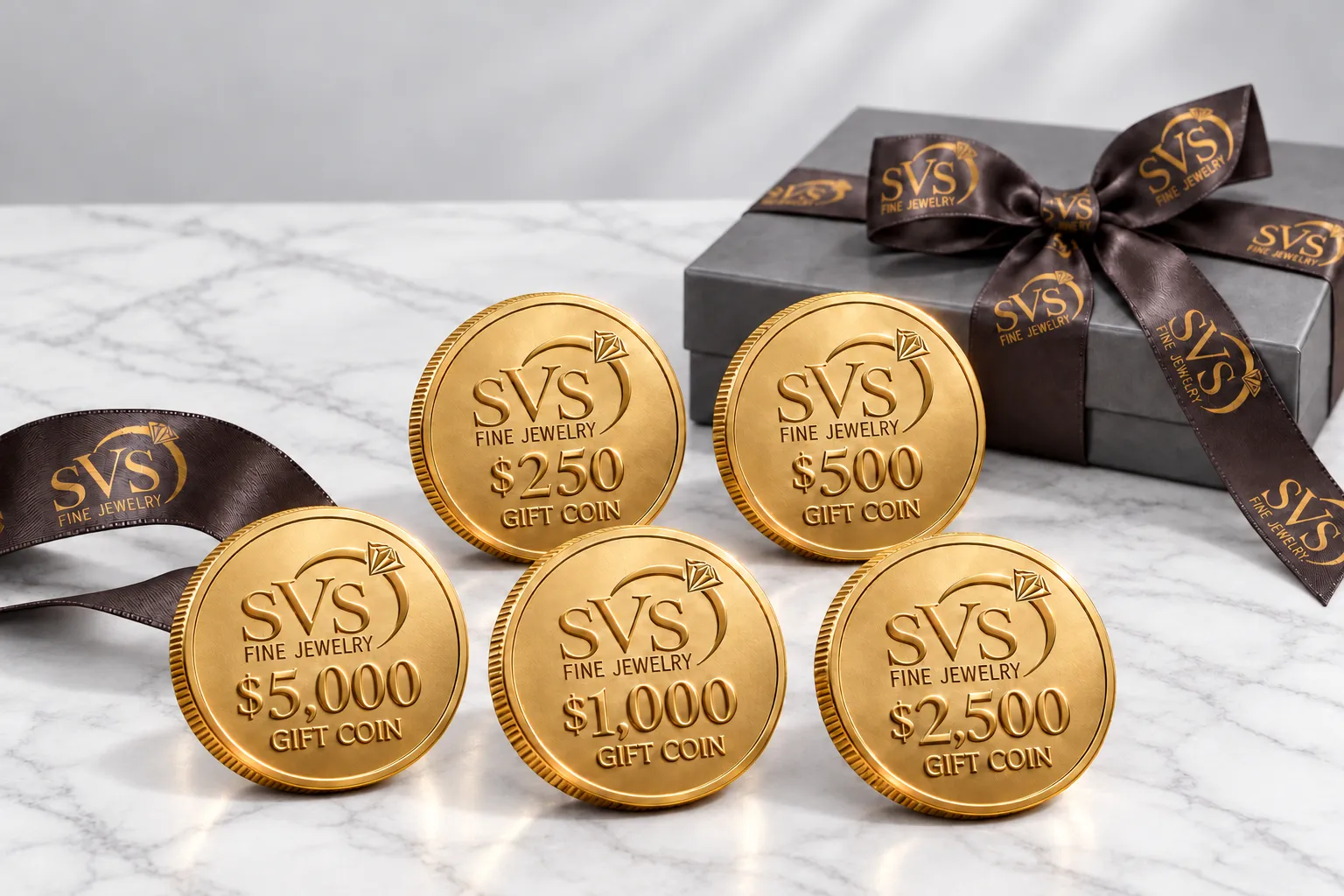 Five engraved gold SVS Fine Jewelry gift coins in $250, $500, $1,000, $2,500 and $5,000 values