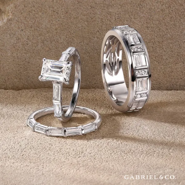 Gabriel & Co. matching wedding band and halo engagement ring with channel-set baguette diamonds — authorized Gabriel & Co. ret