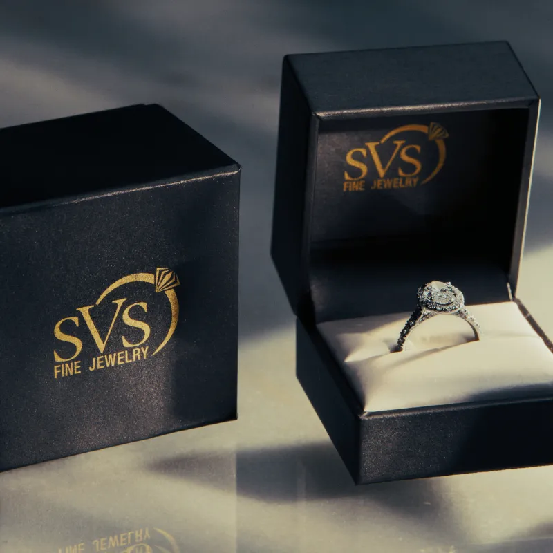 SVS Fine Jewelry signature ring box with diamond engagement ring — custom jewelry and fine diamonds in Oceanside, Long Island 