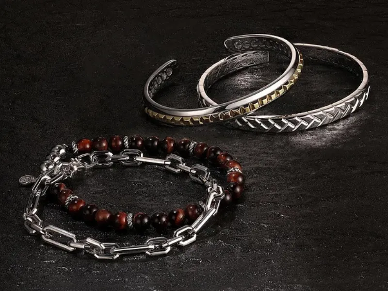 Stacked men's bracelets — sterling silver cuffs, beaded, and diamond styles for Father's Day at SVS Fine Jewelry, Oceanside NY