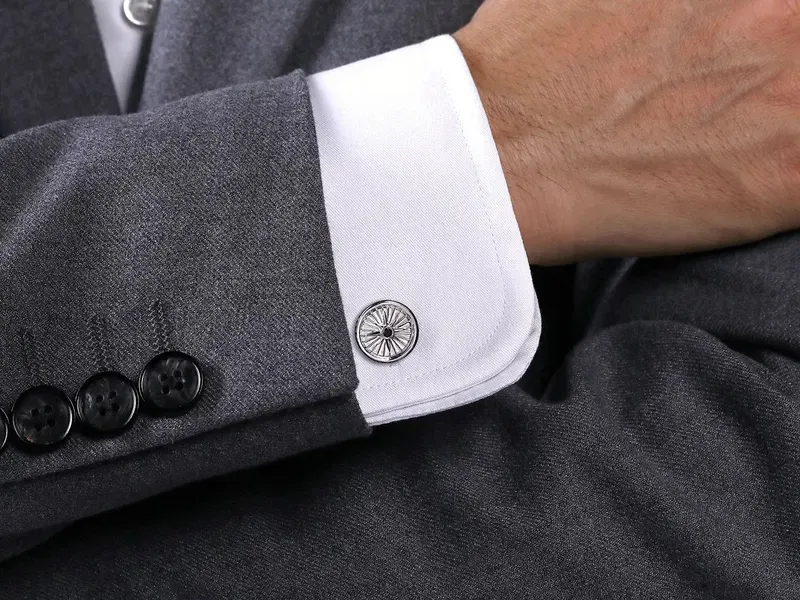 Engraved cuff link on white dress shirt — Gabriel & Co. men's cuff links with same-day engraving at SVS Fine Jewelry, Oceansid