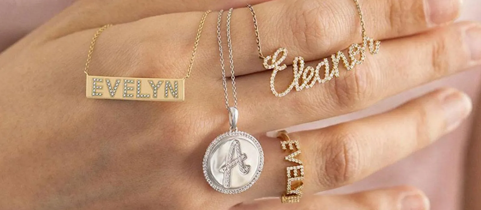 Layered personalized name necklaces and rings — Mother’s Day gift 
