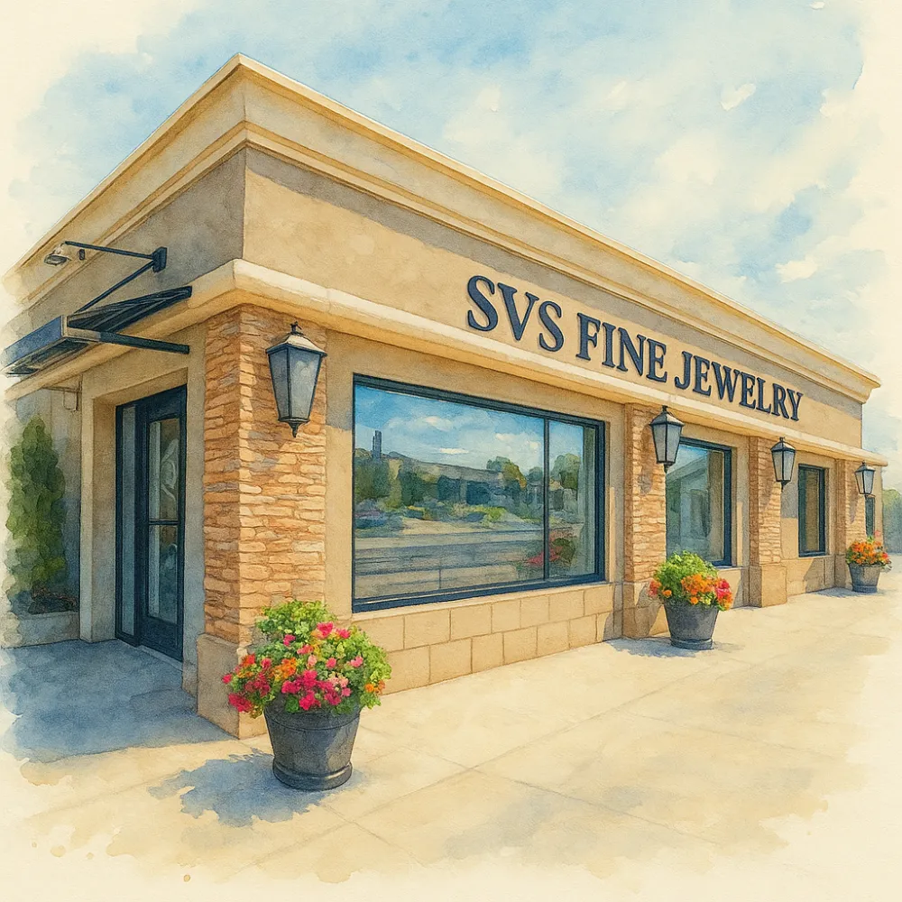 Watercolor-style illustration of the SVS Fine Jewelry showroom exterior at 3323 Long Beach Road, Oceanside NY