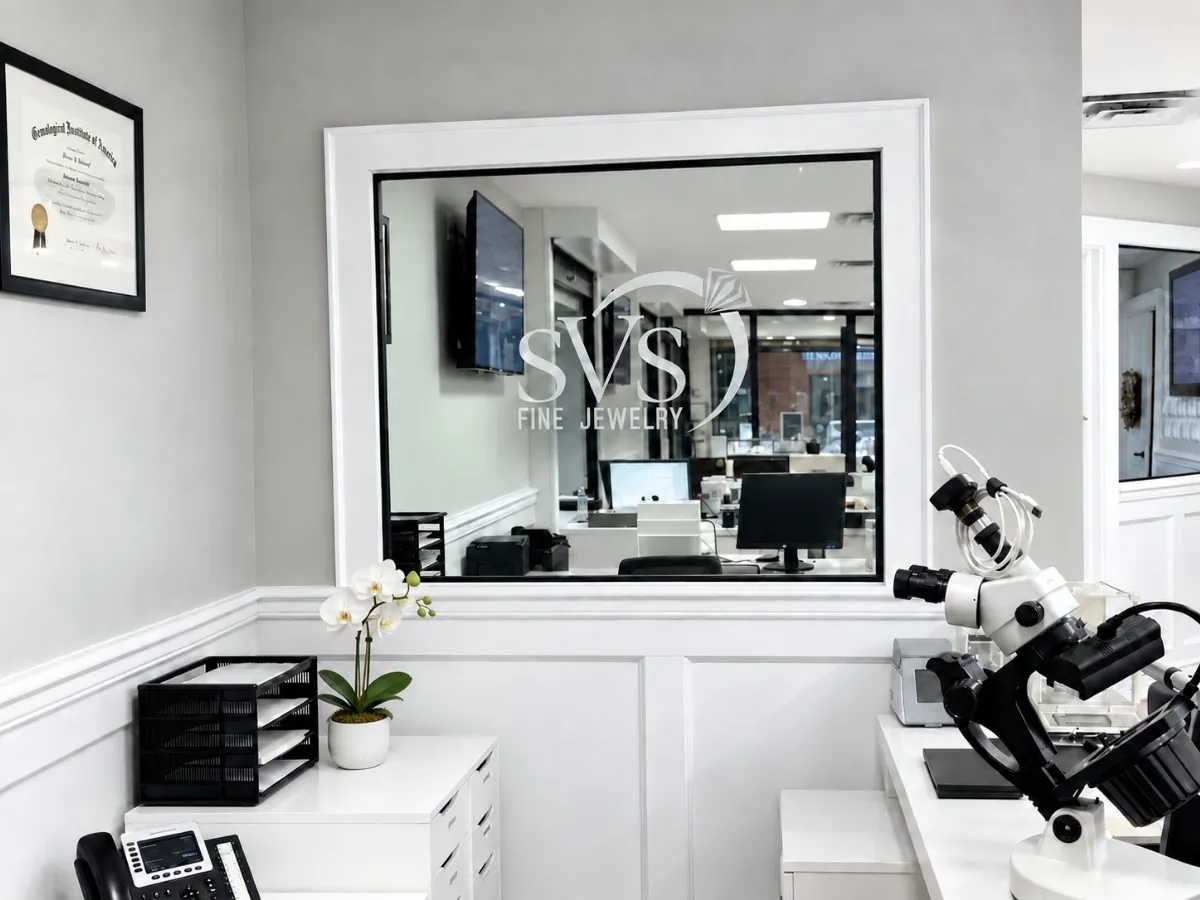 The gem laboratory at SVS Fine Jewelry in Oceanside, NY, with a gemological microscope at the bench and a framed Gemological Institute of America diploma on the wall