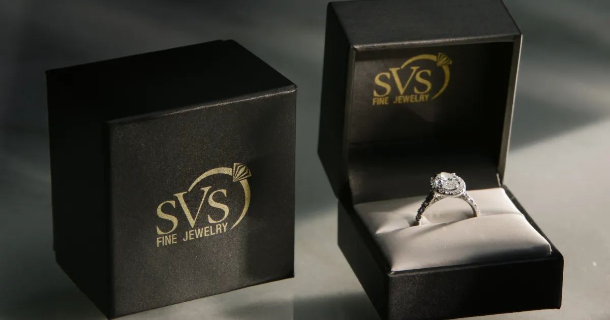 Oval halo diamond engagement ring in an SVS Fine Jewelry presentation box &mdash; 60-month financing at SVS Fine Jewelry, Oceanside, Long Island