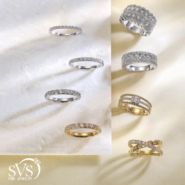 SVS Exclusive Collection wedding bands — custom diamond eternity bands in white gold and yellow gold, designed and built in-ho