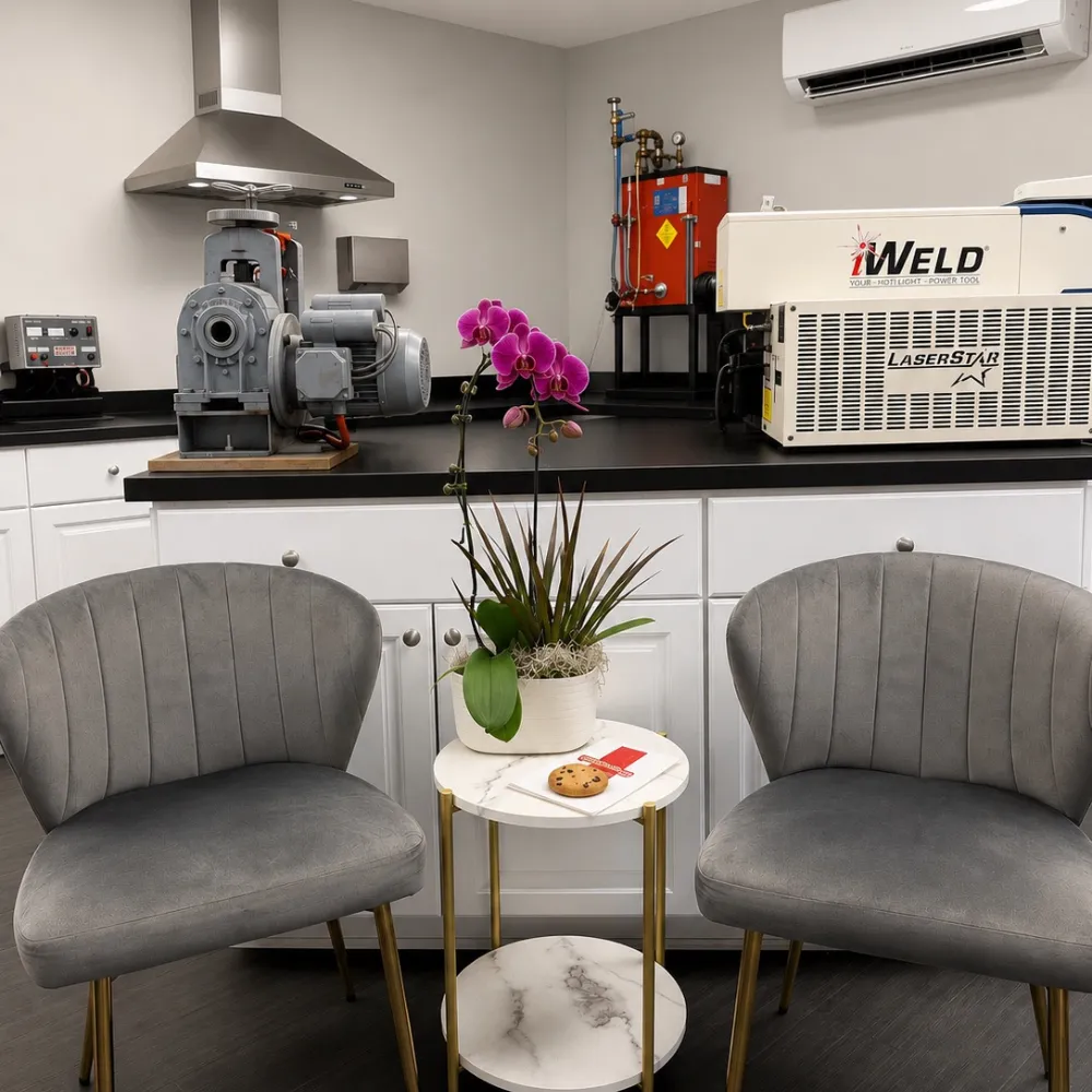 Gray velvet client chairs inside the SVS workshop, with marble side table, fresh orchid, and cookies, set in front of professional jewelry-making equipment
