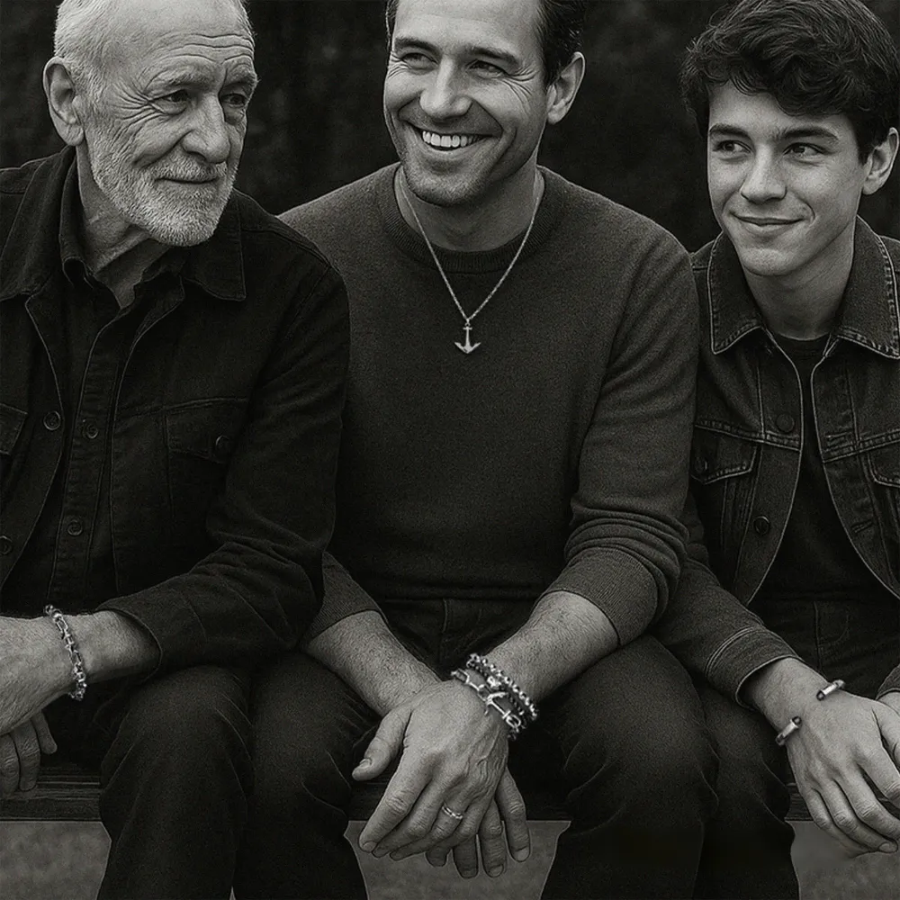 Three generations of men &mdash; grandfather, father, and son &mdash; wearing Gabriel & Co. men's jewelry at SVS Fine Jewelry Oceanside Long Island