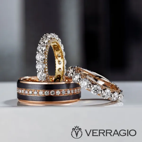 Verragio matching wedding bands in yellow gold, rose gold, and white gold with diamond eternity details — SVS Fine Jewelry, Lo