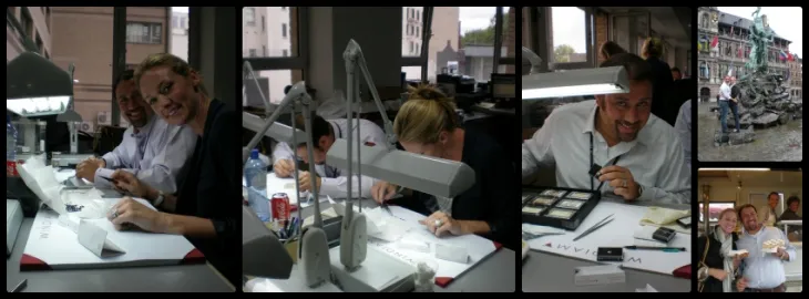 Sami V. Saatchi and Morgan Nicki Saatchi inside diamond cutters' offices in Antwerp, Belgium, hand-selecting diamonds direct from the source