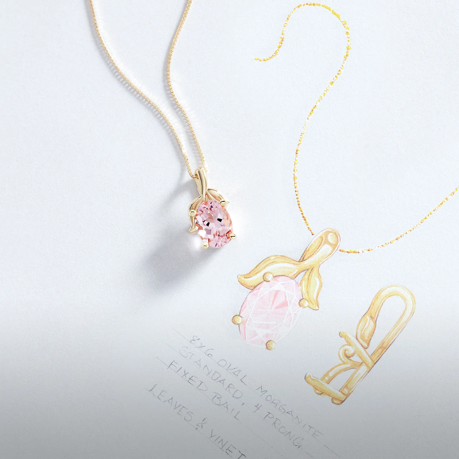 A gold necklace with a pink gemstone pendant next to a sketch of its design.
