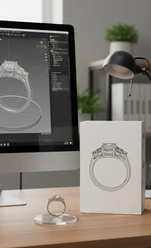 3D rendering of a purple engagement ring on a computer screen, showcasing the design process.