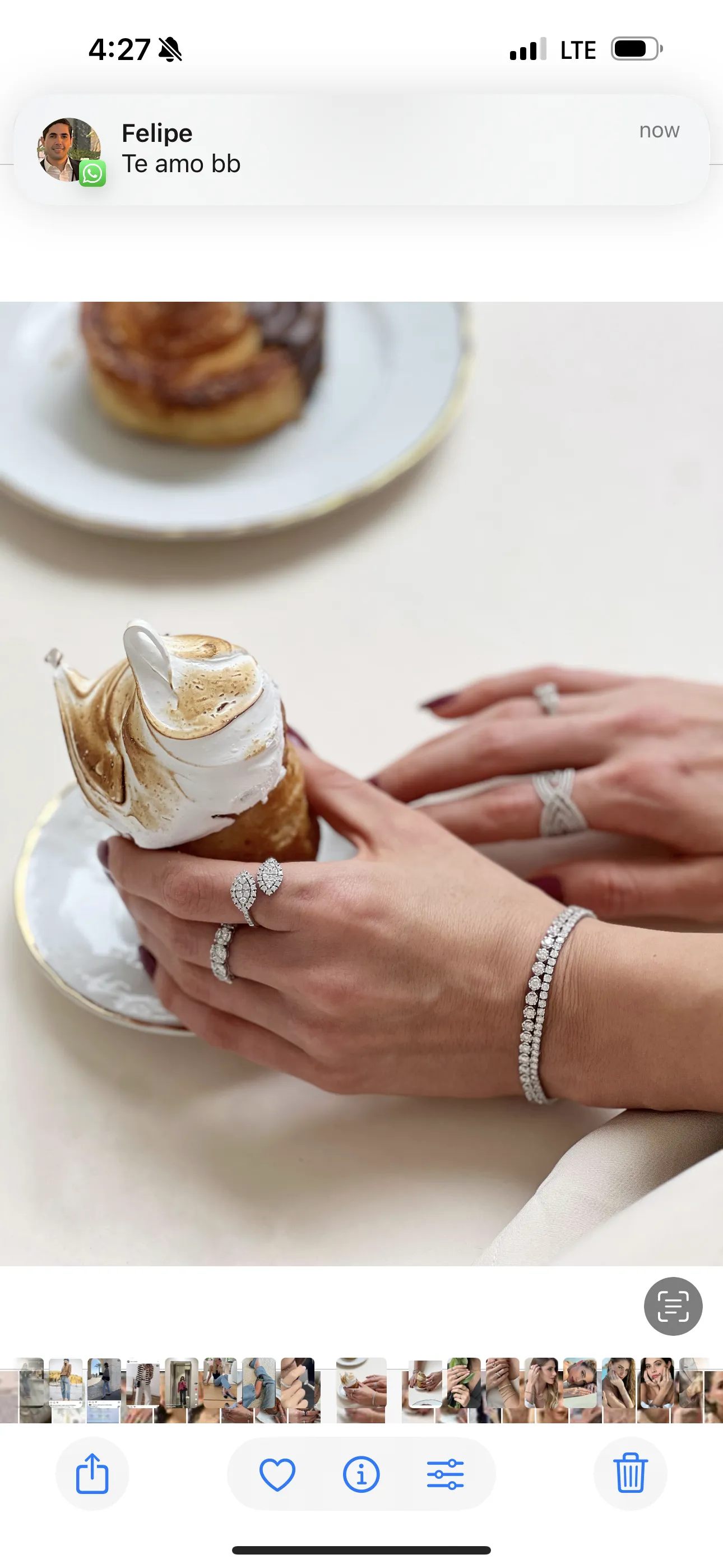 Elegant hands adorned with gold rings and bracelets, holding a decorative object.
