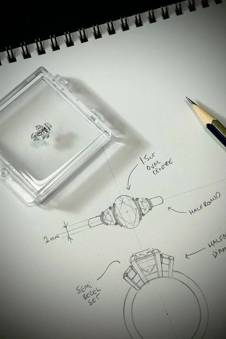 Vintage gold ring with a central diamond surrounded by smaller stones and a dark blue enamel border.