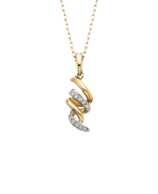 Gold spiral pendant with diamonds on a chain, showcasing elegance and style.