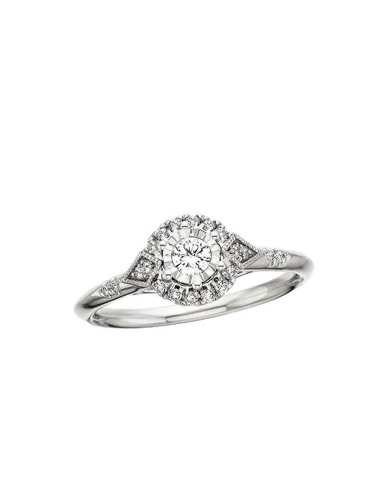Elegant diamond engagement ring with a round center stone and intricate halo design.