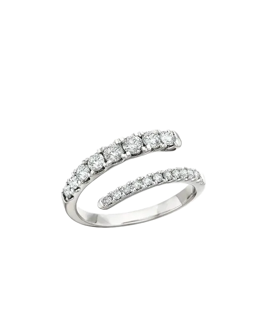 Elegant diamond ring with two curved bands, showcasing sparkling stones. 