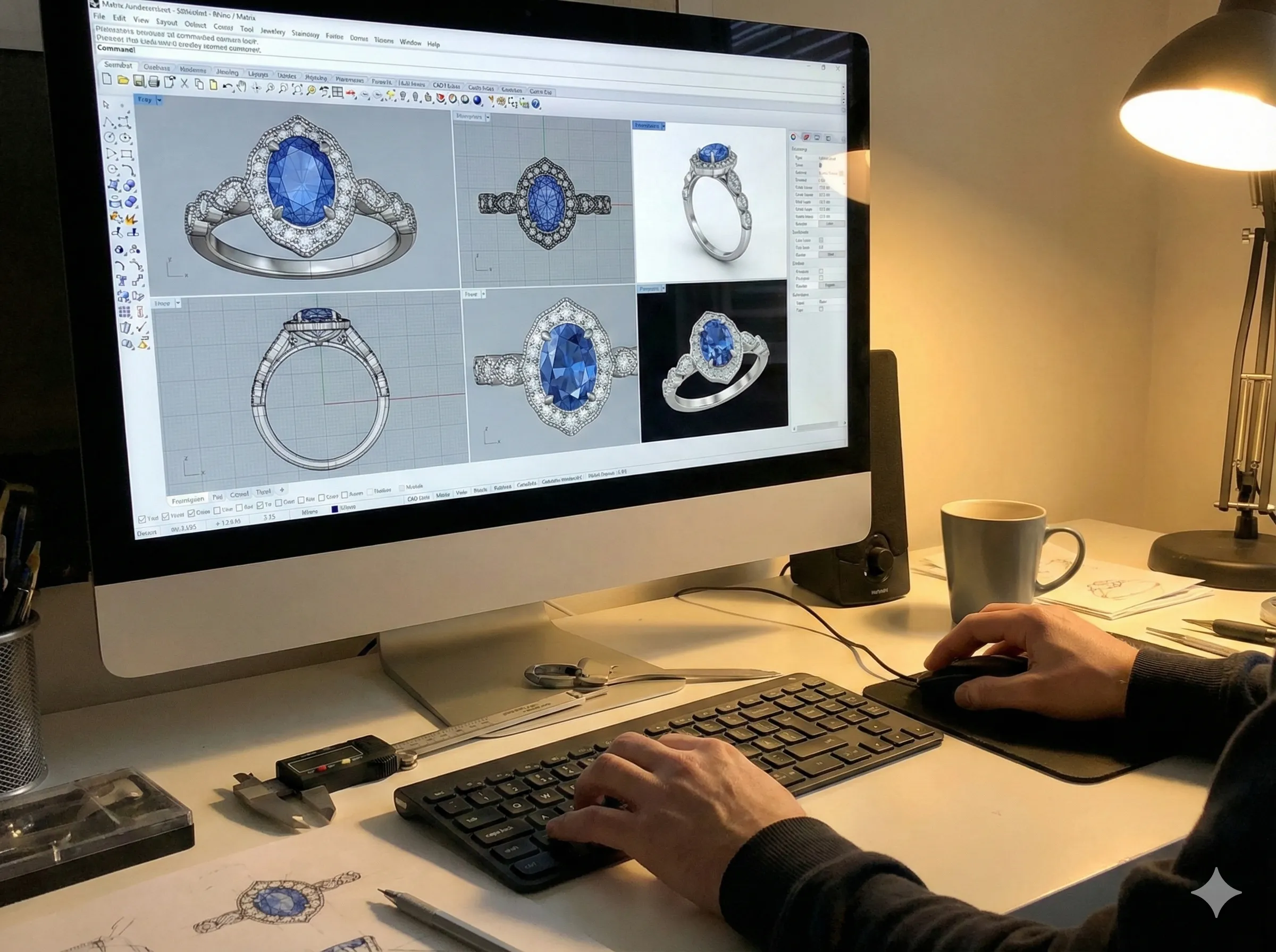 CAD rendering of a jewelry ring design on a computer screen, showcasing a detailed 3D model.