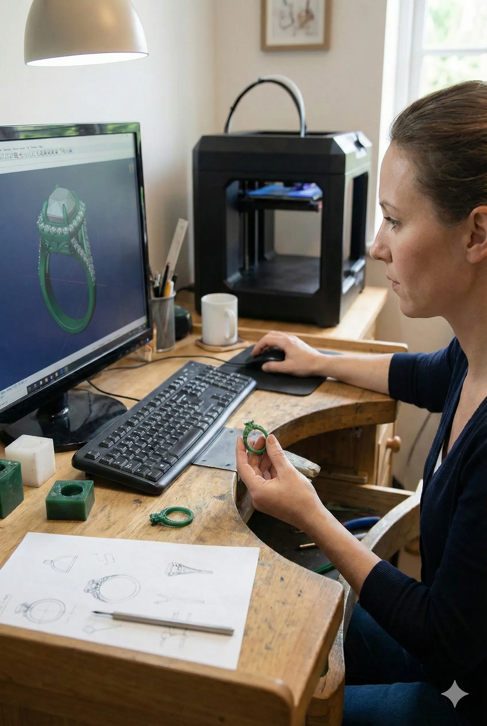 Jewelry design sketches and various rings and necklaces displayed on a light background.