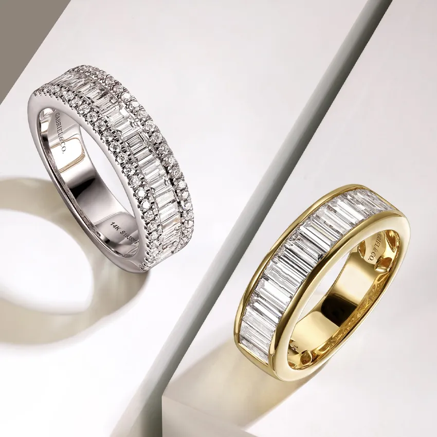 Two elegant wedding bands: one in white gold with diamonds, the other in yellow gold with baguette stones.
