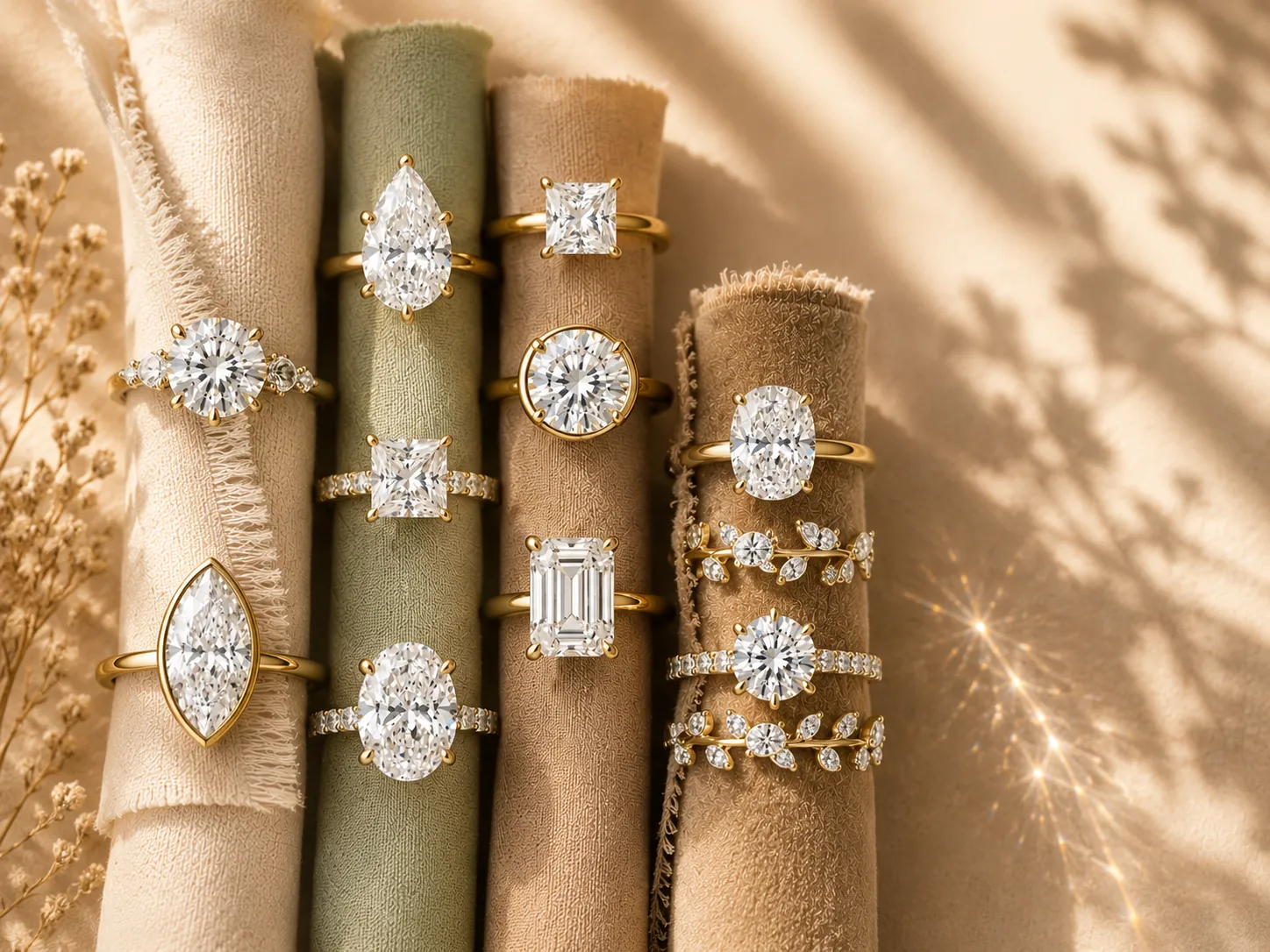 Luxury diamond engagement rings with nature-inspired designs displayed on neutral fabric rolls in warm natural light.