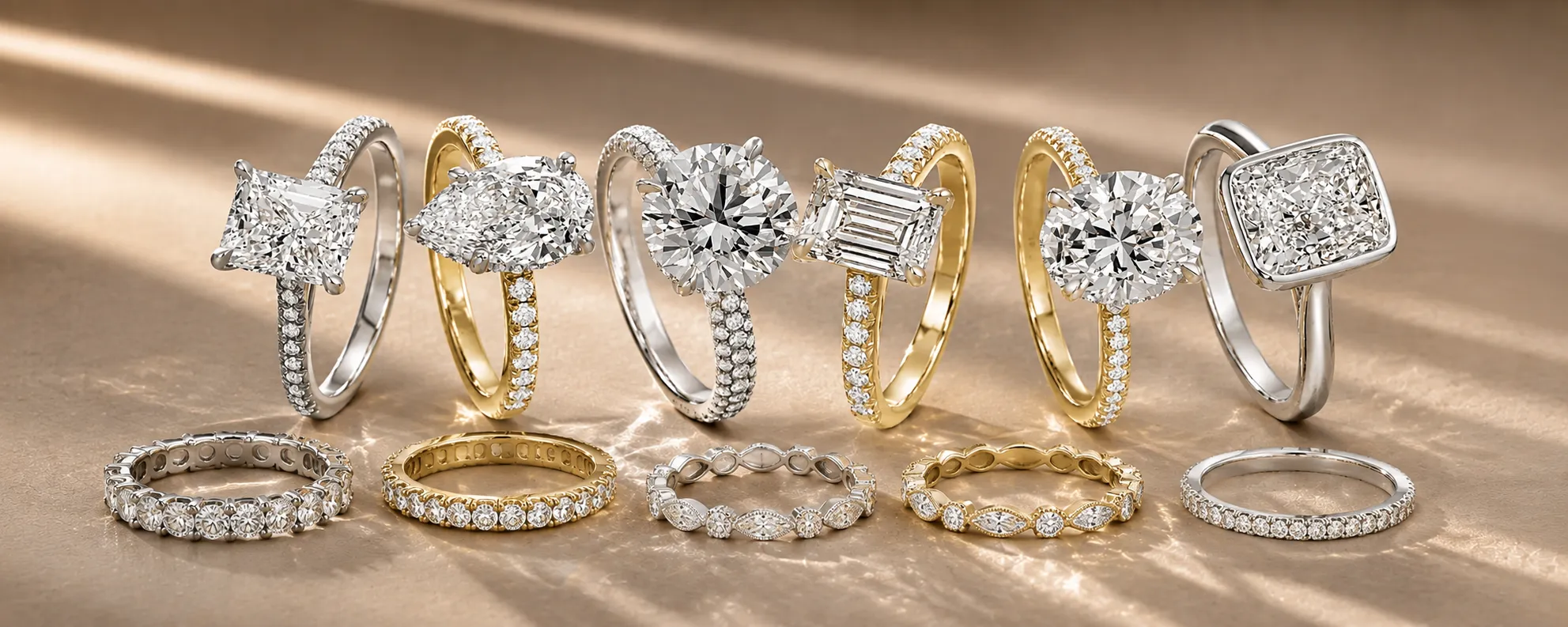 Luxury diamond engagement rings and women’s wedding bands in yellow and white gold.